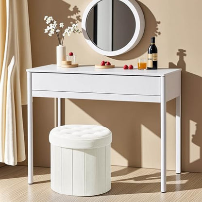 Folding Storage Ottoman Round 15Inch, Foot Stool with Thicker Foam Padded Seat Small Velvet Storage Ottoman Bench Foot Rest for Living Room Foldable Coffee Table,Beige