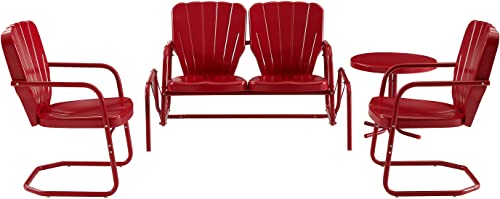 Ridgeland 4-Piece Retro Metal Outdoor Loveseat Glider Patio Furniture Set for Porch, Deck, Bright Red Gloss