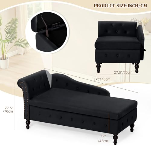 Velvet Chaise Lounge w/Left Armrest & Storage Space, Black, view 5