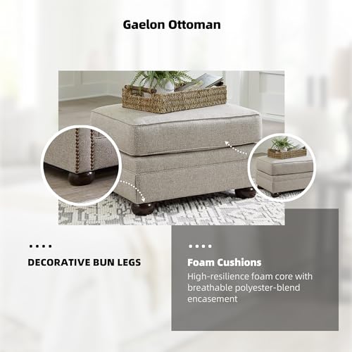 Signature Design by Ashley Gaelon Transitional Rectangular Upholstered Ottoman with Bun Legs, Light Brown