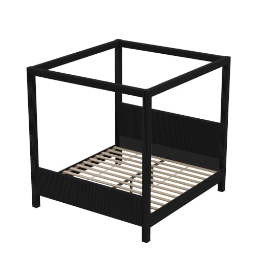 Queen Size Upholstered Canopy Bed with Padded Headboard & Footboard, Black, view 7