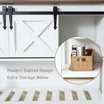 Entryway Table with Storage, Farmhouse Buffet Cabinet Coffee Bar Kitchen Island with Sliding Barn Doors & Shelves, Console Table for Kitchen, Dining Room, Living Room, White