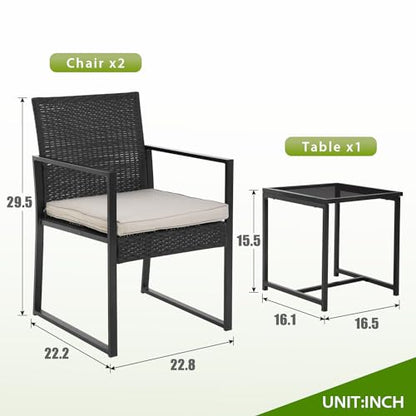 PayLessHere | 3-Piece Outdoor Patio Furniture Set | Khaki | Modern Rattan Bistro Set with Cushioned Chairs & Tempered Glass Coffee Table | Indoor & Outdoor Seating | for Balcony, Garden, Poolside