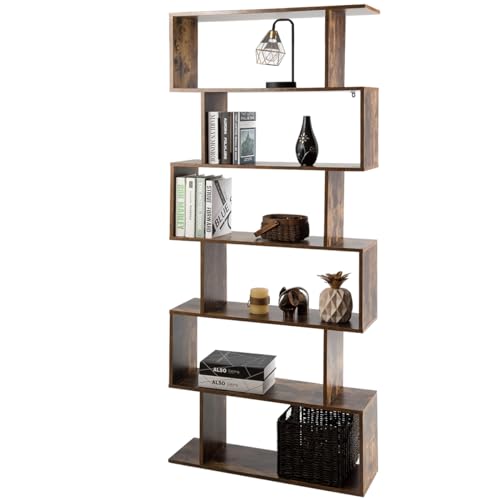 6-Tier Geometric Bookcase, Modern S-Shaped Storage Display Bookshelf for Living Room, Anti-Toppling Device, Home Office Wooden 6 Shelf Open Bookcase (1, Coffee)