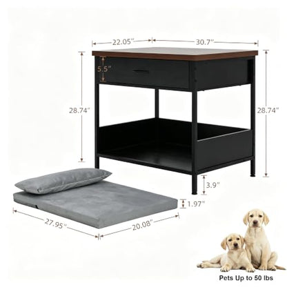 Dog Bed End Table with Storage Drawer and Washable Cushion, Black & Walnut, view 7