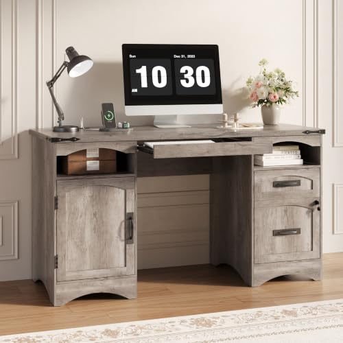 55'' Farmhouse Executive Desk with Drawers & Charging Station, Grey, view 4