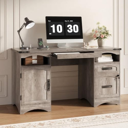 55'' Farmhouse Executive Desk with Drawers & Charging Station, Grey, view 4