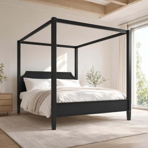 Black Wooden Canopy Bed Frame Queen with Tall Headboard, view 3