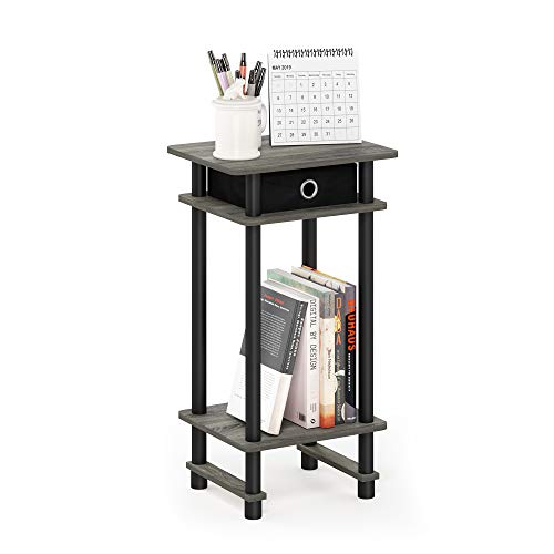 Turn-N-Tube Tall End Table, French Oak Grey/Black/Black | 1x Storage Bin, Tall Narrow Open Shelf Night Stand, Modern Bedside Table, Toolless Assembly, for Living Room, Bedroom