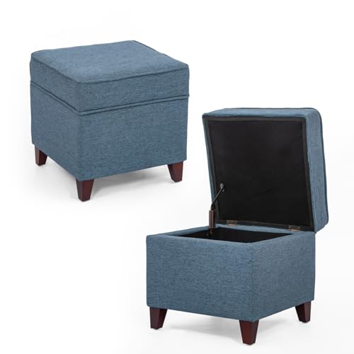 17" Square Ottoman with Storage, Small Blue Storage Ottoman Foot Rest with Hinged Lid & Solid Wood Legs, Linen Fabric Foot Stool for Living Room & Bedroom, Seasonal Home Refresh & Gifting