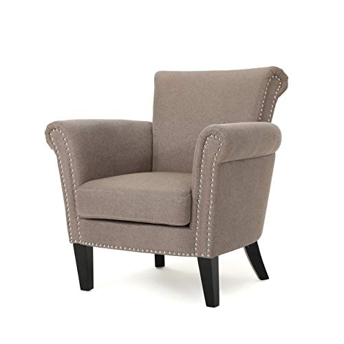 Brice Vintage Scroll Arm Studded Fabric Club Chair, Light Coffee / Dark Brown, 31D x 29.5W x 31.5H in