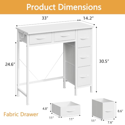 33" Small Computer Desk with 5 Fabric Drawers, White, 14.2" D, view 4