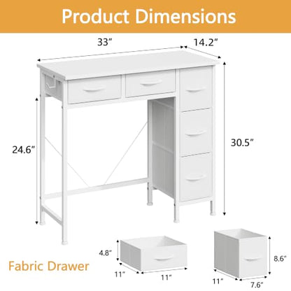 33" Small Computer Desk with 5 Fabric Drawers, White, 14.2" D, view 4
