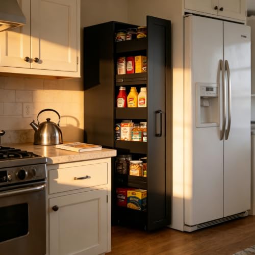 Slim Black Pantry Cabinet with Rolling Tiered Shelf Next to Fridge, view 2