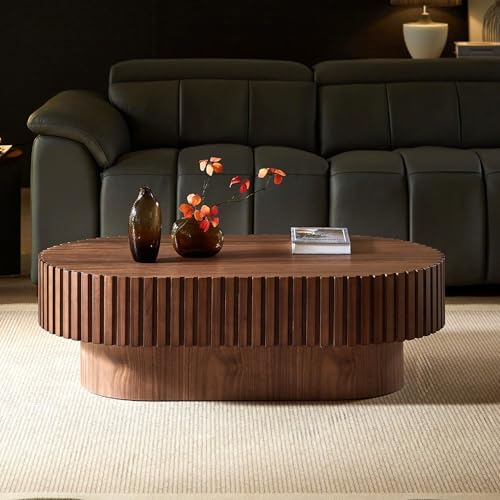 Oval Coffee Table 43.7" Wood CoffeeTable for Living Room Drum ModernCoffeeTable TeaTable Wooden Coffee Tables PedestalCoffeeTable Home Furniture Office Apartment Walnut