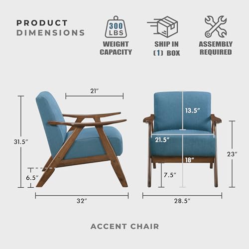 Mid Century Modern Accent Chair with Solid Wood Frame in Walnut Finish, Upholstered Living Room Lounge Arm Chair, Thick and Comfy Innerspring Seat Cushion, Linen-Look Fabric, Blue