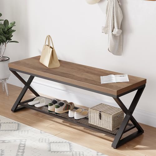Entryway Bench, Indoor Shoe Bench with Storage and Seating, Wood Metal Storage Bench for Bedroom Living Room, Farmhouse Shoe Rack Bench for Sitting in Hallway Foyer Entrance, Rustic Oak, 47 inch