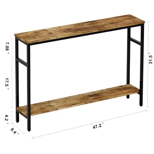 Narrow Console Table, 47 Inch Sofa Table with Adjustable Shelf, 2-Tier Long Skinny Table for Hallway, Entryway, Living Room, Foyer, Rustic Brown