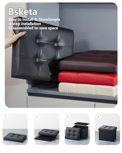 Storage Ottoman, Folding Foot Stool with Thicker Foam Padded Seat Small Leather Storage Ottoman Bench Foot Rest for Living Room Foldable Coffee Table 17x13x13in,Black