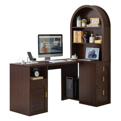 63 inch L-Shaped Desk with Arched Hutch Bookshelf, Dark Walnut, view 2