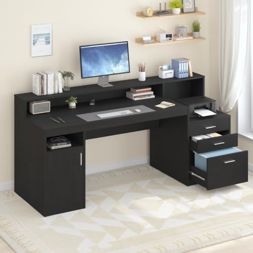 65" Black Computer Desk with 3 Drawers & Printer Shelf for Home Office, view 4