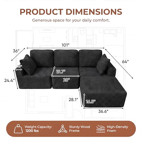 Sectional Couches for Living Room, Modern Boneless Couch with Deep Seat, Upholstered Cloud Sofa, No Assembly Required (Black, L Shaped Sofa)