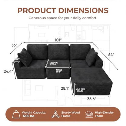 Sectional Couches for Living Room, Modern Boneless Couch with Deep Seat, Upholstered Cloud Sofa, No Assembly Required (Black, L Shaped Sofa)