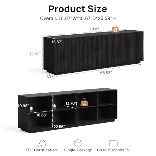 70" Fluted Mid Century Modern Sideboard Buffet Cabinet with Storage, Black, view 3