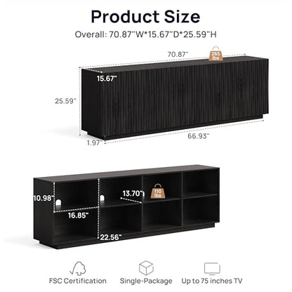 70" Fluted Mid Century Modern Sideboard Buffet Cabinet with Storage, Black, view 3