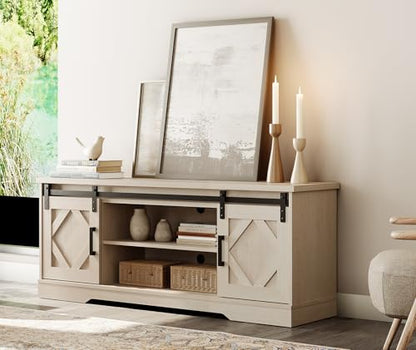 23.6"H Farmhouse TV Stand for 65" TV with Barn Doors& Hidden Storage | 59.1" W Rustic Country-Style TV Cabinet with Smooth Barn Door Slides,Holds 100+ CDs,Height-Adjustable Media Shelf