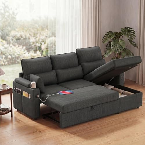 L-Sofa Bed Sleeper Pull Out with Storage Function and Two USB Ports and Cup, view 2