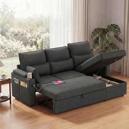 L-Sofa Bed Sleeper Pull Out with Storage Function and Two USB Ports and Cup, view 2
