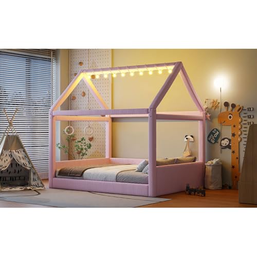 Full Size Upholstered House Daybed with LED Light Strips,Pink