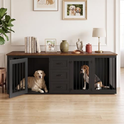 92.8" Double Dog Crate Furniture with 3 Drawers, Dog Kennel Indoor, view 8