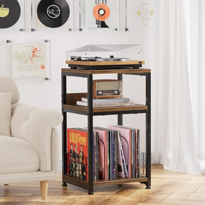 Record Player Stand, 3 Tier End Table Hold Up to 100 Albums, Turntable Stand for Vinyl, Record Shelf for Living Room Bedroom, Rustic Brown