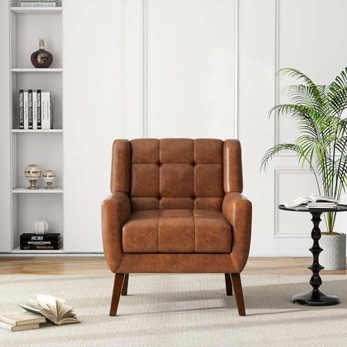Faux Leather Accent Chair, Modern Upholstered Club Arm Chair for Living Room, Comfy Armchair Single Sofa Seat with Solid Wooden Legs (Coffee)