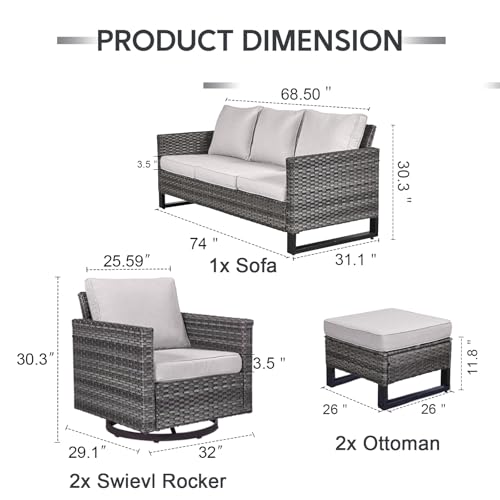 5 Piece Wicker Patio Furniture Set - Outdoor Swivel Rocker Chairs Set with 3 Seat Sofa and Ottomans, Small Patio Conversation Sets Proch Furniture for Balcony Deck - Grey/Beige