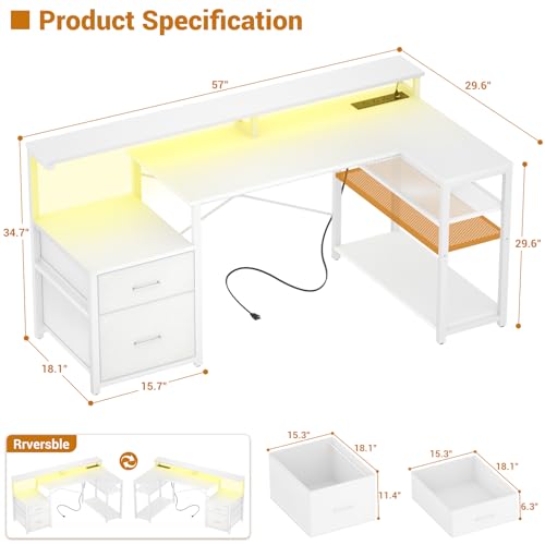 L Shaped Desk with File Drawer, Reversible L Shaped Computer Desk Gaming Desk with Power Outlet & LED Strip, Home Office Desk with Monitor Shelf, Corner Desk with Storage Shelves, White