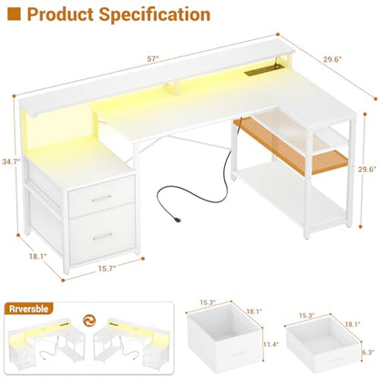 L Shaped Desk with File Drawer, Reversible L Shaped Computer Desk Gaming Desk with Power Outlet & LED Strip, Home Office Desk with Monitor Shelf, Corner Desk with Storage Shelves, White