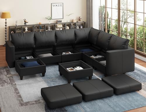 Faux Leather Sectional Sofa with Storage,Large U Shaped Faux Leather Modular Couch Sofa, Black