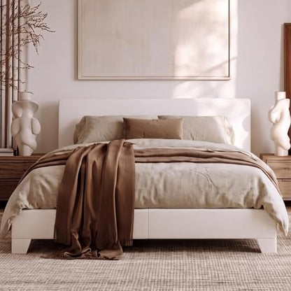Queen Size Upholstered Bed Frame Adjustable Headboard, White, view 2