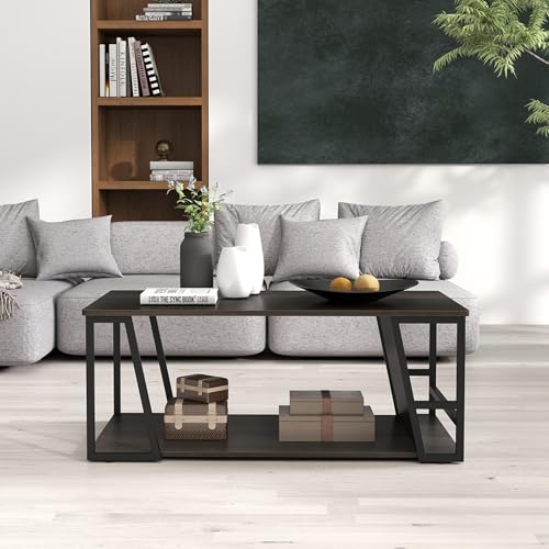 Modern Coffee Table with Storage, 2-Tier Rustic Wood Center Table with Shelf, Compartment, Metal Frame, Rectangular Geometric Living Room Table for Apartment (Espresso)