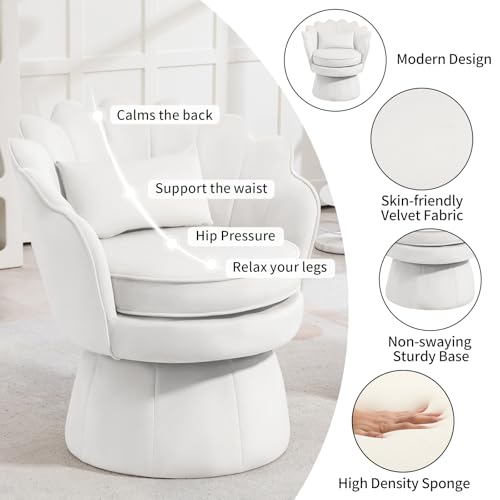360° Swivel Accent Chair, Mid-Century Modern Velvet Barrel Chair, Comfy Shell Shape Arm Chair with Lumbar Pillow for Living Room, Bedroom, Office, White