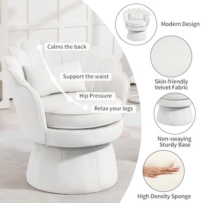 360° Swivel Accent Chair, Mid-Century Modern Velvet Barrel Chair, Comfy Shell Shape Arm Chair with Lumbar Pillow for Living Room, Bedroom, Office, White