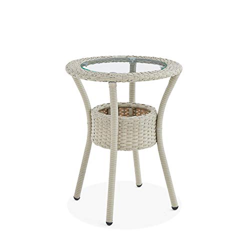 Modern and Weatherproof Haven All-Weather Wicker Outdoor Round Glass-Top Accent Table with Storage - Outdoor Furniture Patio Set & Metal - 20 in. W x 20 in. D x 26 in. H