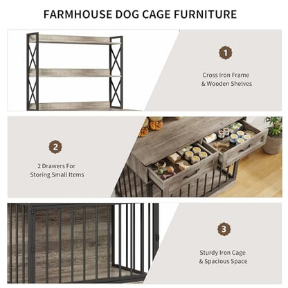 42”×65.4”Dog Crate Furniture, Pet Cage with Storage Drawers & Shelves, view 4