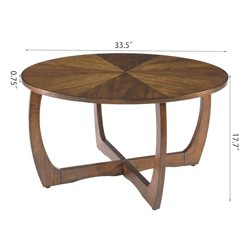 33.5"D Round Wood Coffee Table with Curved Legs, Wood Grain Top | Brown Walnut Wood Tabletop & Legs, Farmhouse Cocktail Table for Living Room, Solid Circle Center Wooden Table