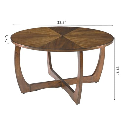 33.5"D Round Wood Coffee Table with Curved Legs, Wood Grain Top | Brown Walnut Wood Tabletop & Legs, Farmhouse Cocktail Table for Living Room, Solid Circle Center Wooden Table