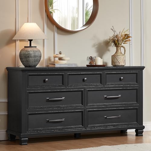 Farmhouse Dresser and Nightstand Sets 2 Piece, 7 Drawer Dresser & 2 Drawer Nightstand Set, Rustic Wood Bedroom Furniture Set for Home, Bedroom, Hallway, Black