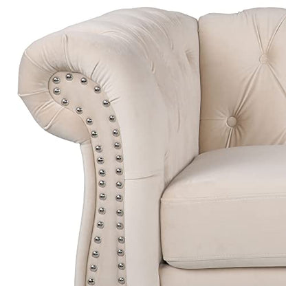 Velvet Chesterfield Sofa, Classic Tufted Upholstered Couch, Modern 3 Seater Couch Long Settee Furniture with Tufted Back for Living Room Office (Beige)